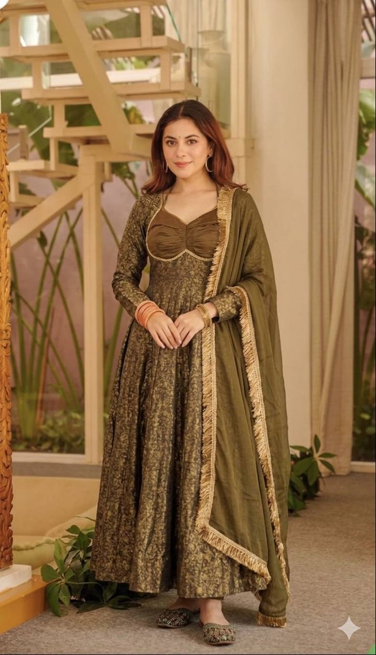 Opulent Mehendi Green Brocade Flared Anarkali Suit Set Featuring a Ruched Sweetheart Neckline, Woven Floral Motifs, and an Elegant Tie-Up Back